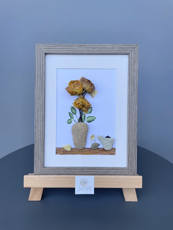 Framed Pebble Art “Flowers At Tea Time” - Image 2