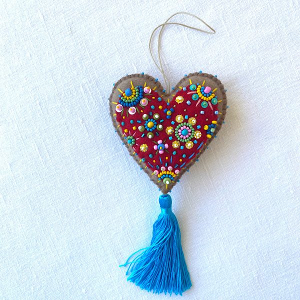 Handmade Beaded Heart Ornament with Tassel - Image 2