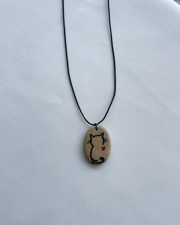 Hand Painted Pebble Necklace "Cat Silhouette"