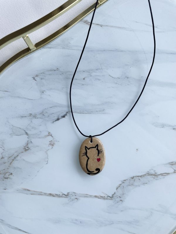 Hand Painted Pebble Necklace "Cat Silhouette" - Image 2