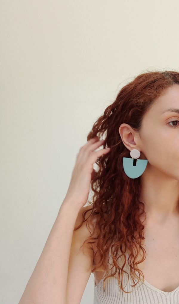 Beige And Turquoise Statement Polymer Clay Earrings - Image 2