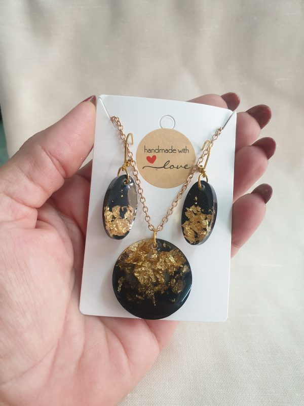 Black Necklace with Golden Leaves and Earrings Set - Image 4