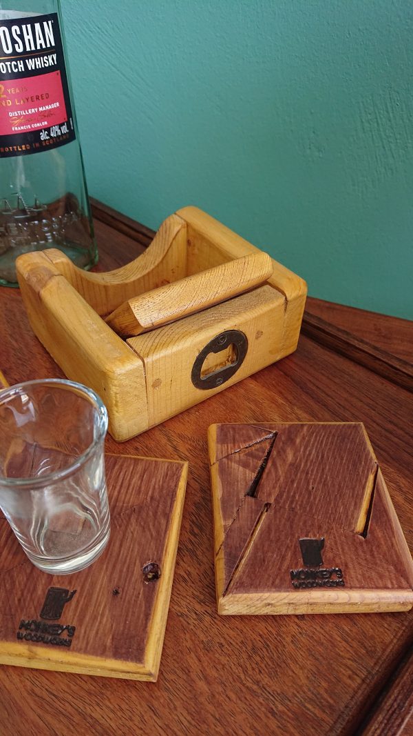 Set of 4 Handmade high-quality multi-wood coasters with holder that includes built in bottle opener - Image 2