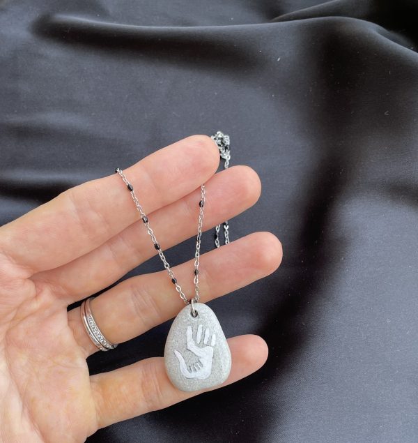 Hand Painted Pebble Necklace "Hand in Hand"