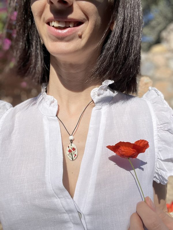 Hand Painted Pebble Necklace "Poppies"