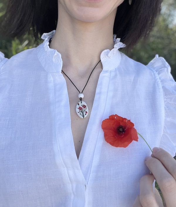Hand Painted Pebble Necklace "Poppies" - Image 4