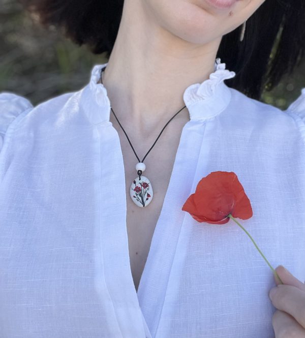 Hand Painted Pebble Necklace "Poppies" - Image 3