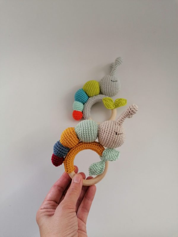 Crocheted Rattle-teething toy Caterpillar yellow