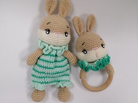 crocheted Bunny rattle-teething toy and lovey set
