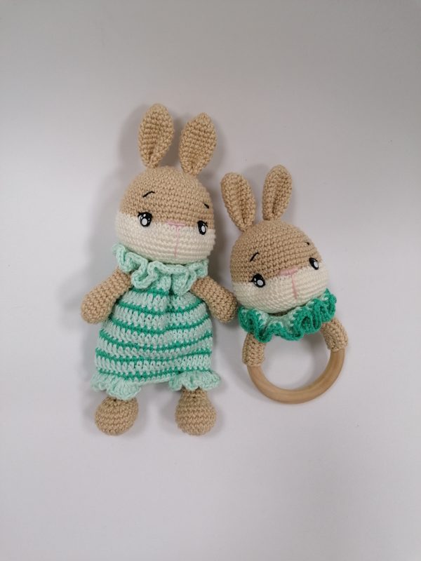 crocheted Bunny rattle-teething toy and lovey set