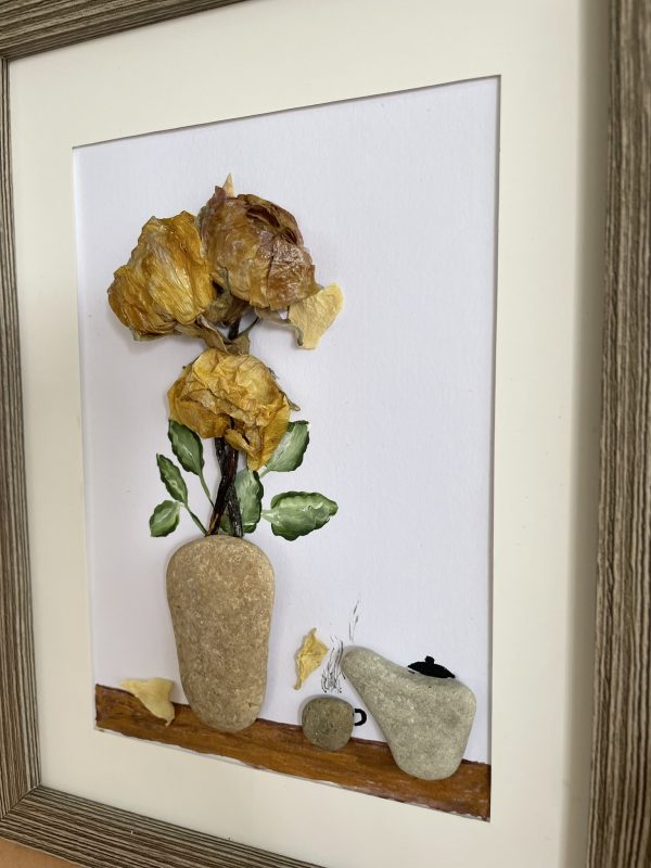 Framed Pebble Art “Flowers At Tea Time” - Image 8