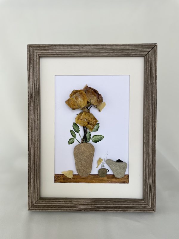 Framed Pebble Art “Flowers At Tea Time”