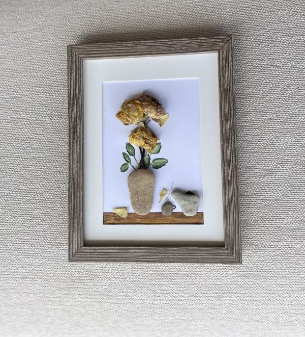 Framed Pebble Art “Flowers At Tea Time” - Image 7