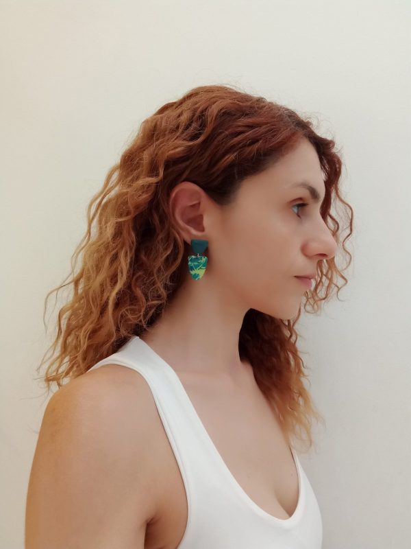 Lime, turquoise and blue marbled oval polymer clay earrings - Image 3