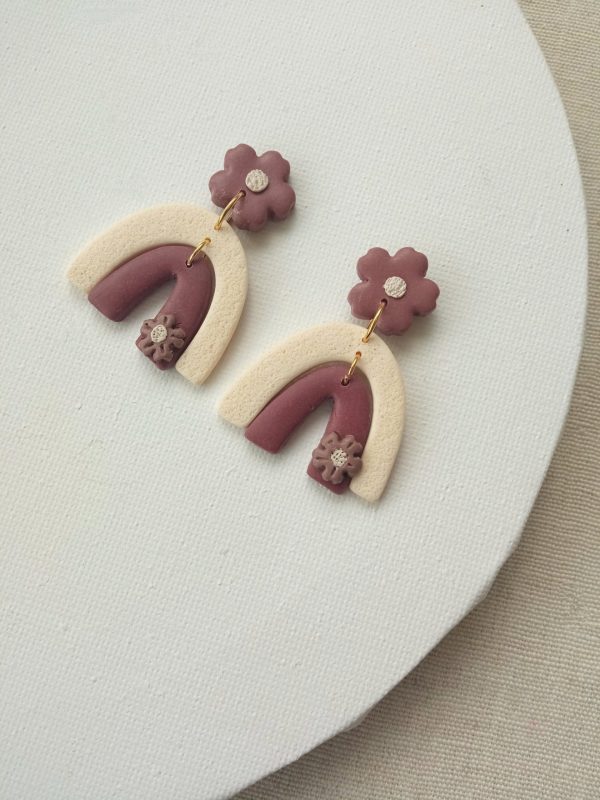 Ivory and mauve flower/ rainbow polymer clay earrings
