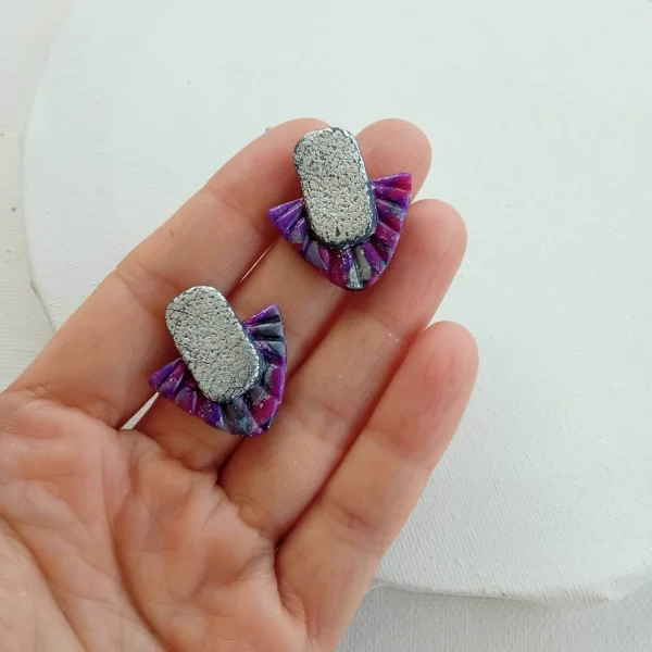 Marbled fuchsia, purple and silver traingular stud earrings - Image 3