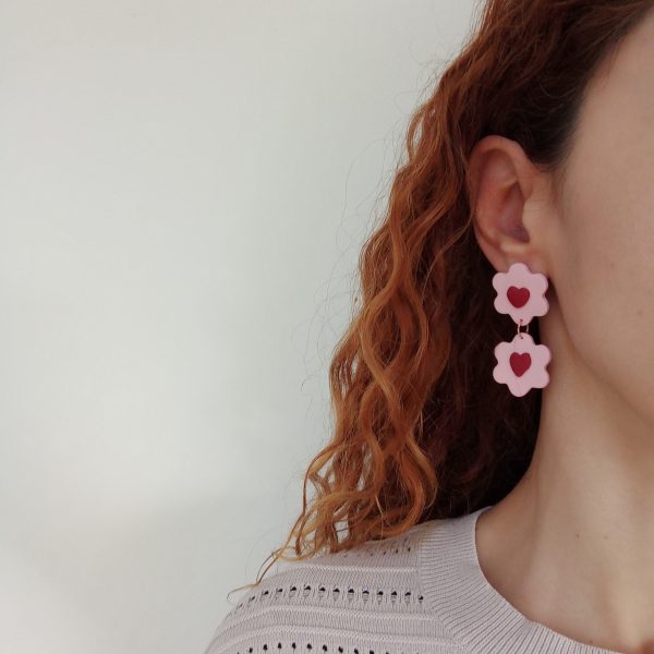 Pink flowers with red hearts earrings - Image 2
