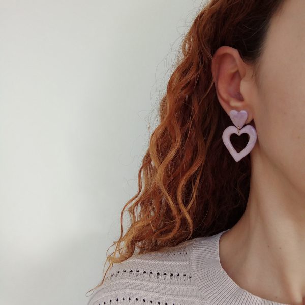 Marbled lilac small heart/ hollow heart stud earrings - Image 2