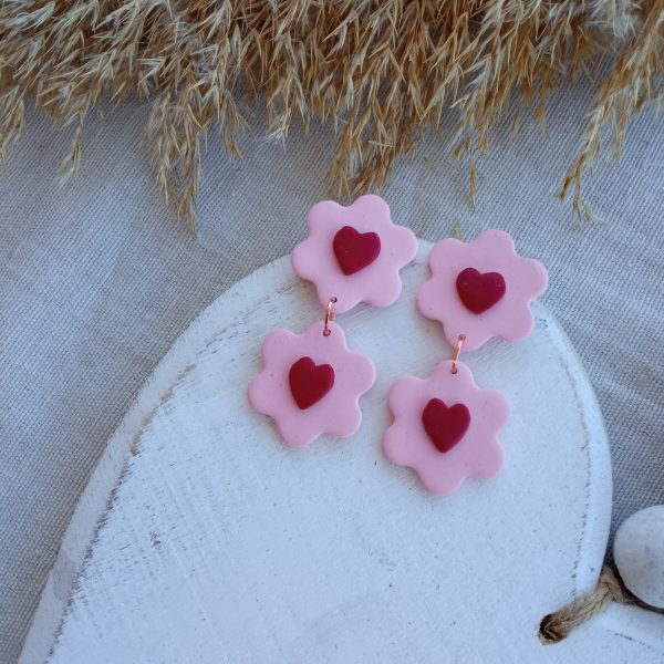 Pink flowers with red hearts earrings