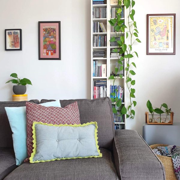 green & grey buttoned comfort cushion - in use sofa