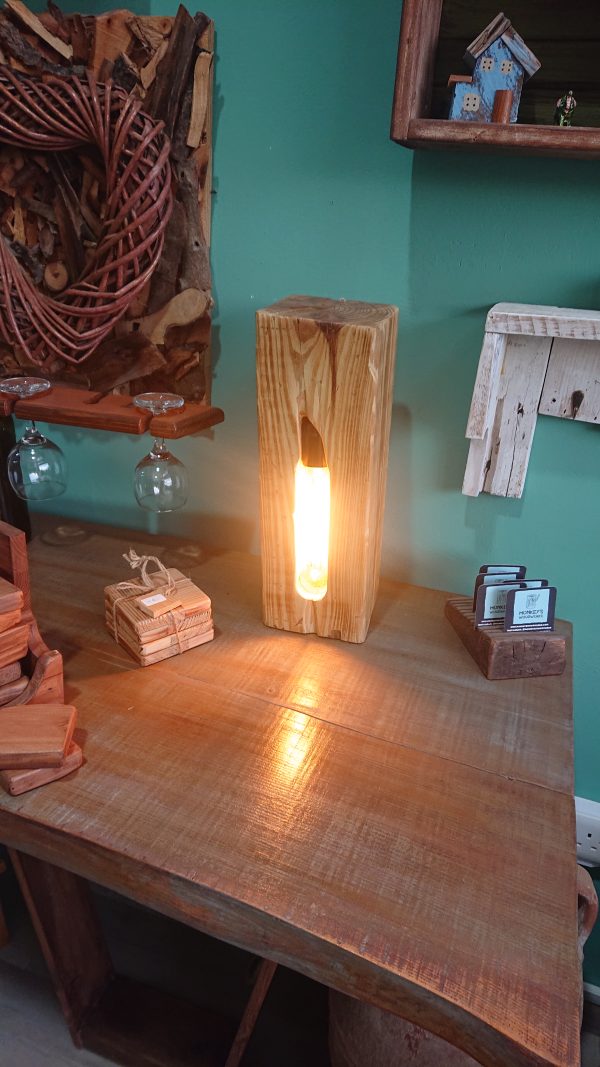Repurposed solid olive block table lamp