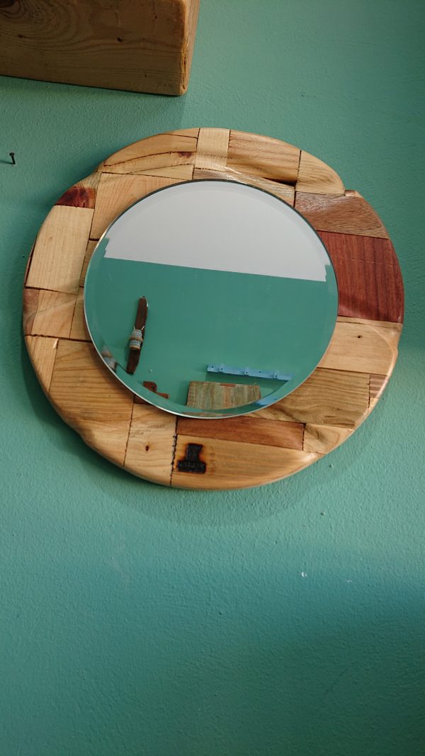 Round, carved, multi wood framed mirror - Image 7