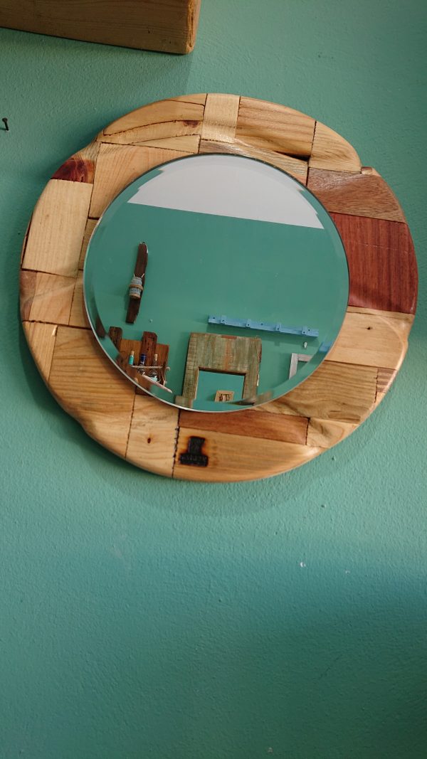 Round, carved, multi wood framed mirror - Image 8