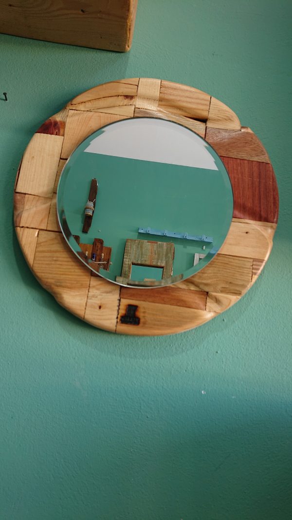 Round, carved, multi wood framed mirror - Image 6