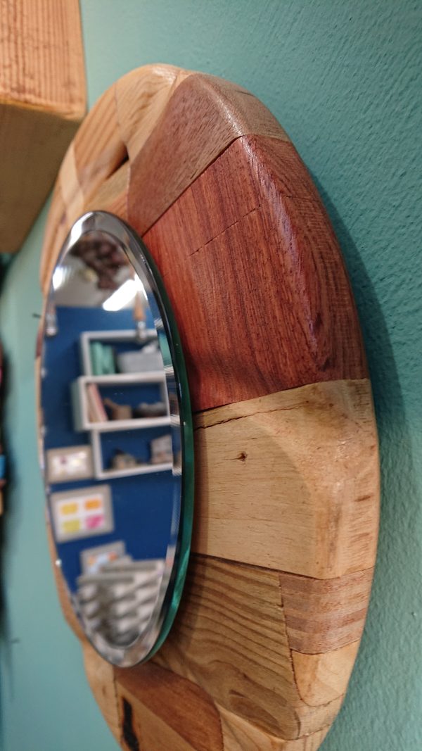 Round, carved, multi wood framed mirror - Image 4