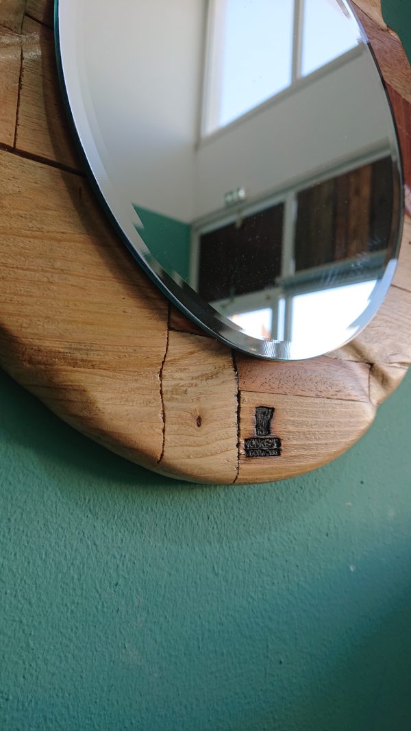 Round, carved, multi wood framed mirror - Image 2