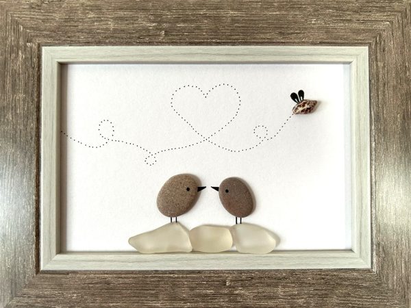 Pebble and Seaglass Art - Two Birdies in Love