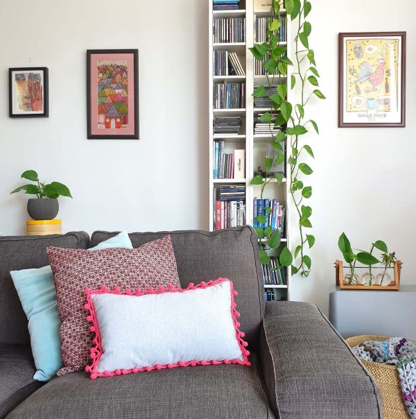 the "Silly Princess" cushion // grey & fuchsia decorative cushion - in use living room