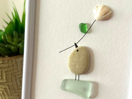 Seaglass and Pebble Framed Artwork, with a Bird Holding a Flower