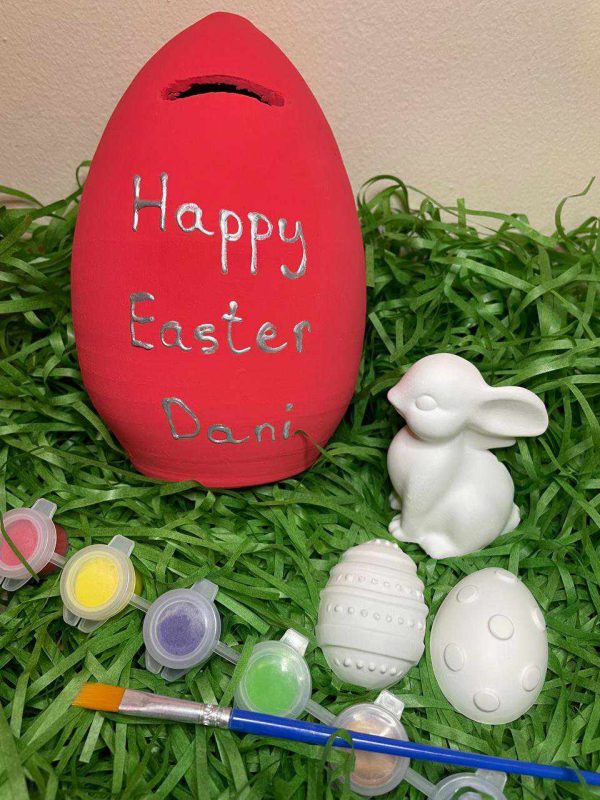 Clay Egg Shaped Smash Money Pot with Ceramic Gypsum Easter Bunny and Magnetic Eggs Set - Image 3