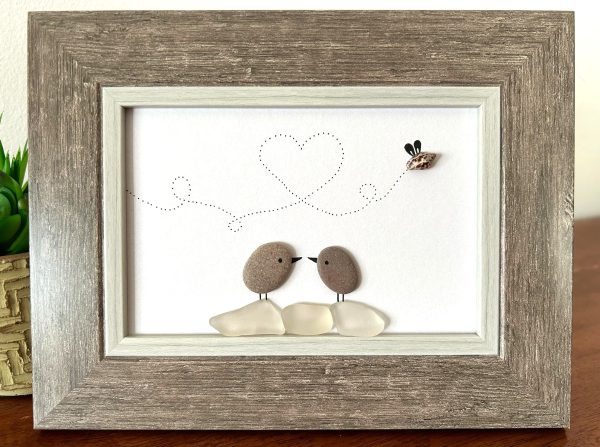 Pebble and Seaglass Art - Two Birdies in Love