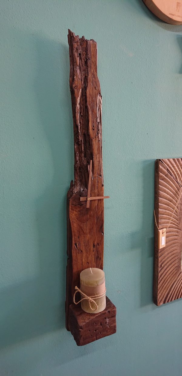 Natural, driftwood wall clock with shelf