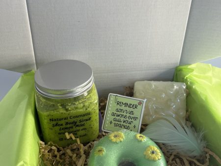 Box with Natural body scrub (with cooling effect) one natural massage soap, one bath bombs