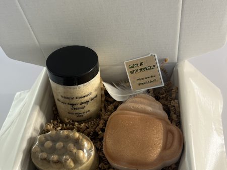 Box with natural body scrub, natural massage soap, one bath bomb