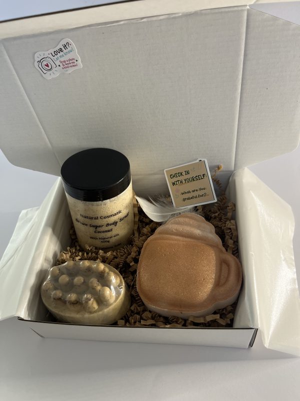 Box with natural body scrub, natural massage soap, one bath bomb