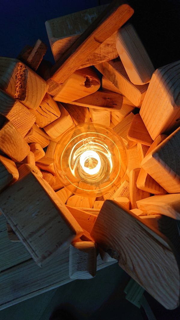 Unique, stacked, multi-wood table lamp