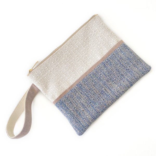 Handmade Spring Summer Clutch Bag – Beige and Blue Zipped Pouch With Wristlet