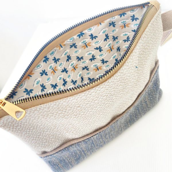 Handmade Spring Summer Clutch Bag – Beige and Blue Zipped Pouch With Wristlet - Image 3