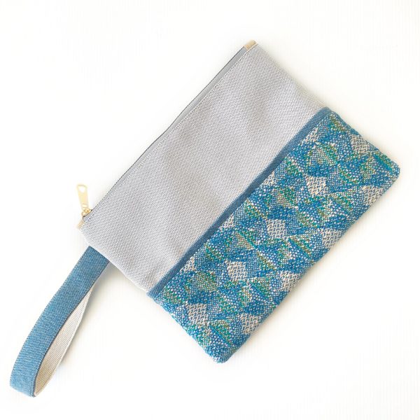 Handmade Spring Summer Clutch Bag – Beige and Blue Zipped Pouch With Wristlet