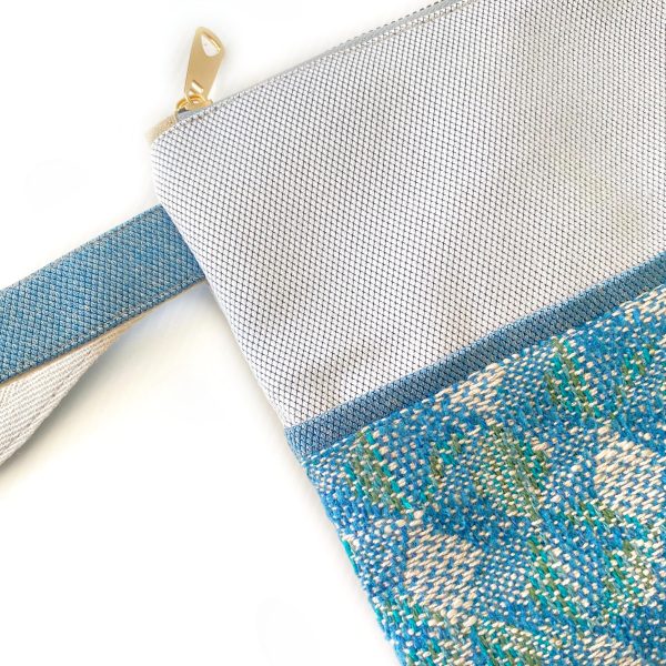 Handmade Spring Summer Clutch Bag – Beige and Blue Zipped Pouch With Wristlet - Image 3