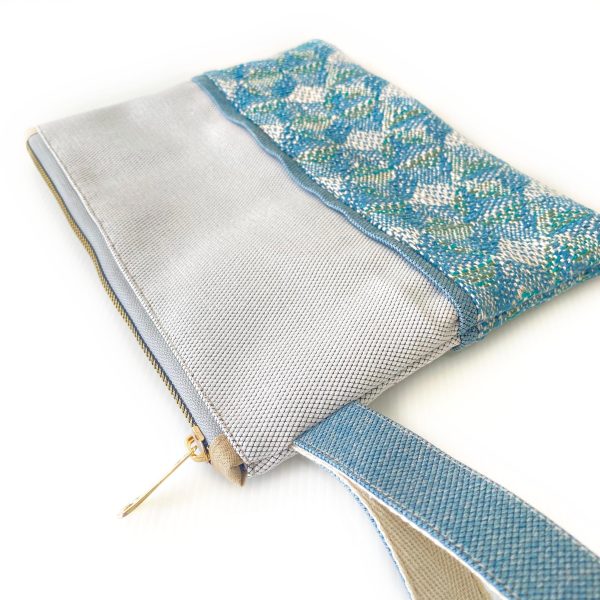 Handmade Spring Summer Clutch Bag – Beige and Blue Zipped Pouch With Wristlet - Image 5