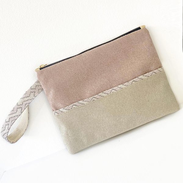 Handmade Spring Summer Clutch Bag – Pink and Beige Zipped Pouch With Wristlet